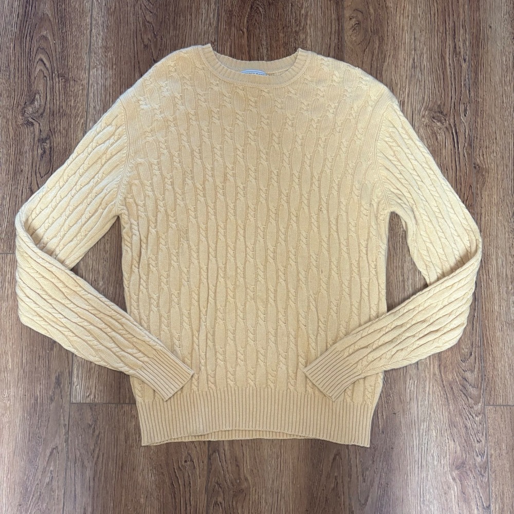 VTG Jeffrey Banks 100% Cashmere  Light Yellow Cable Knit Sweater Mens M 90s FLAW